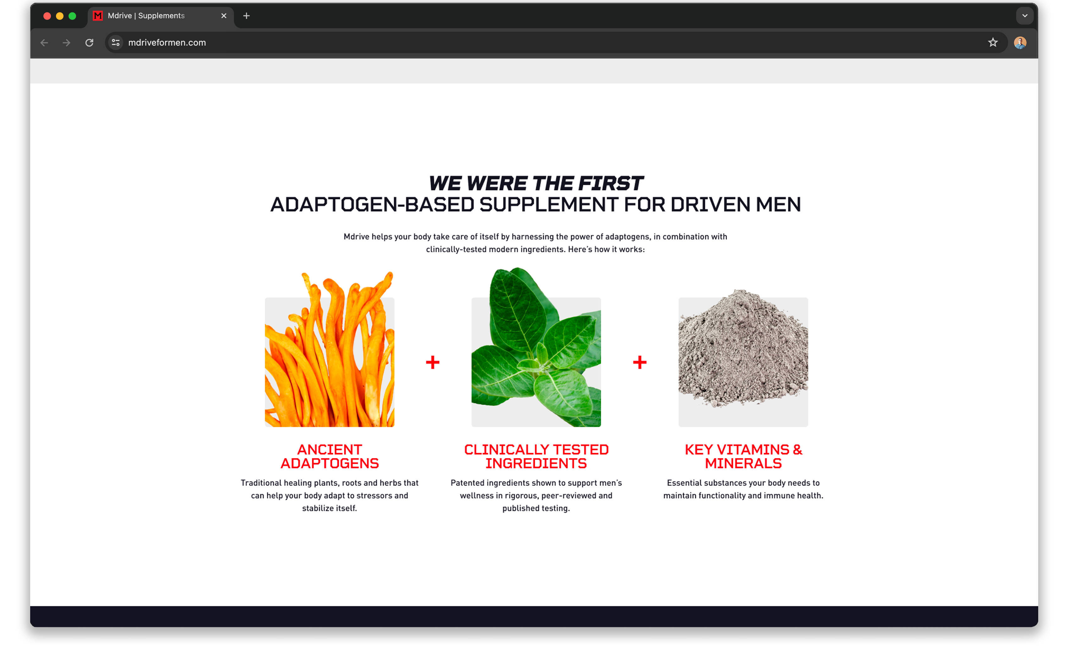 Index page mocked up in browser window showing M Drive being adaptogens plus clinically tested ingredients plus key vitamins