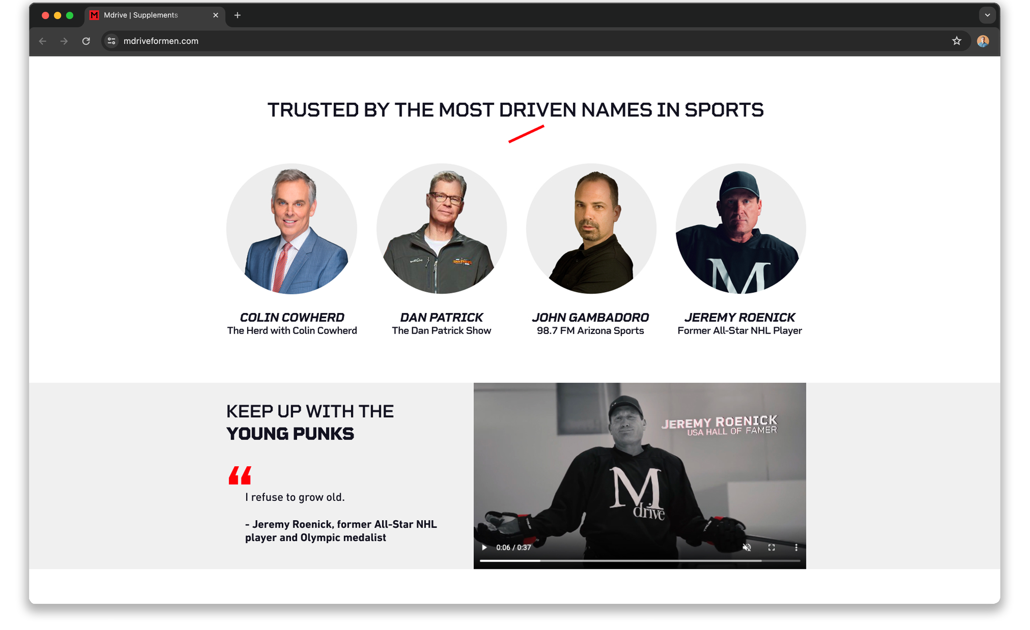 Index page mocked up in browser window showing sports names advocating the brand