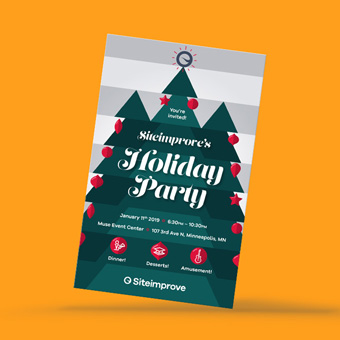 Holiday party invitation suspended over orange background