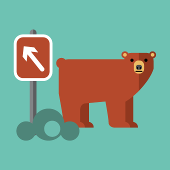 Illustration of brown bear next to hiking path sign