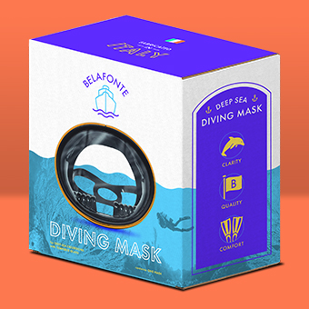 Retro diving mask packaging on a bright orange background